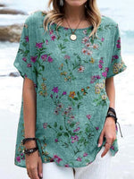 Green Summer Flower Print Crew Neck T-Shirt