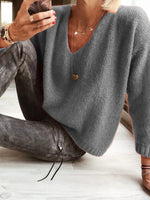 Chic Gray Plain V Neck Sweater