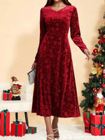 Holiday Women's Long Sleeve Spring/Fall Red Plain V Neck Casual Maxi H-Line Dress