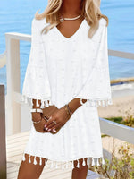 Stylish White Plain V-Neck 3/4 Sleeves Mini Dress