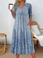 Long Sleeved Round Neck Pattern Print Mid Length Dress