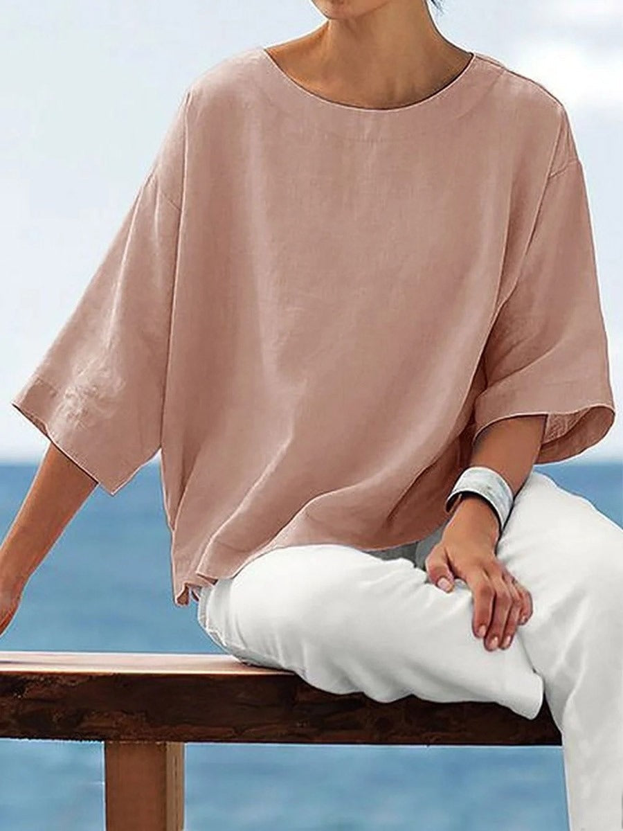 Solid Crew Neck 3/4 Sleeves Loose T-shirt