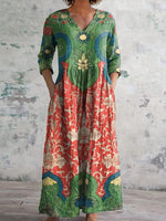 Vintage Floral Green-and-Red Maxi Dress