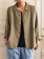 Plain Buckle Shawl Collar Cotton And Linen Loose Shirt