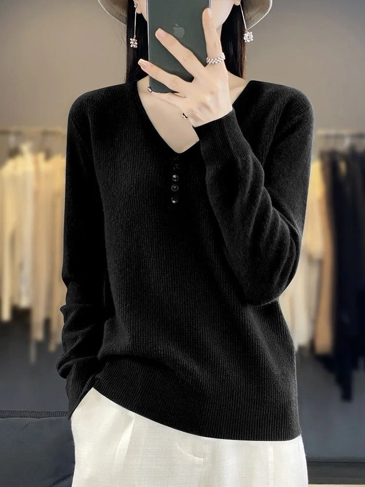 Casual Plain Long Sleeve V Neck Wool/Knitting Buckle Sweater