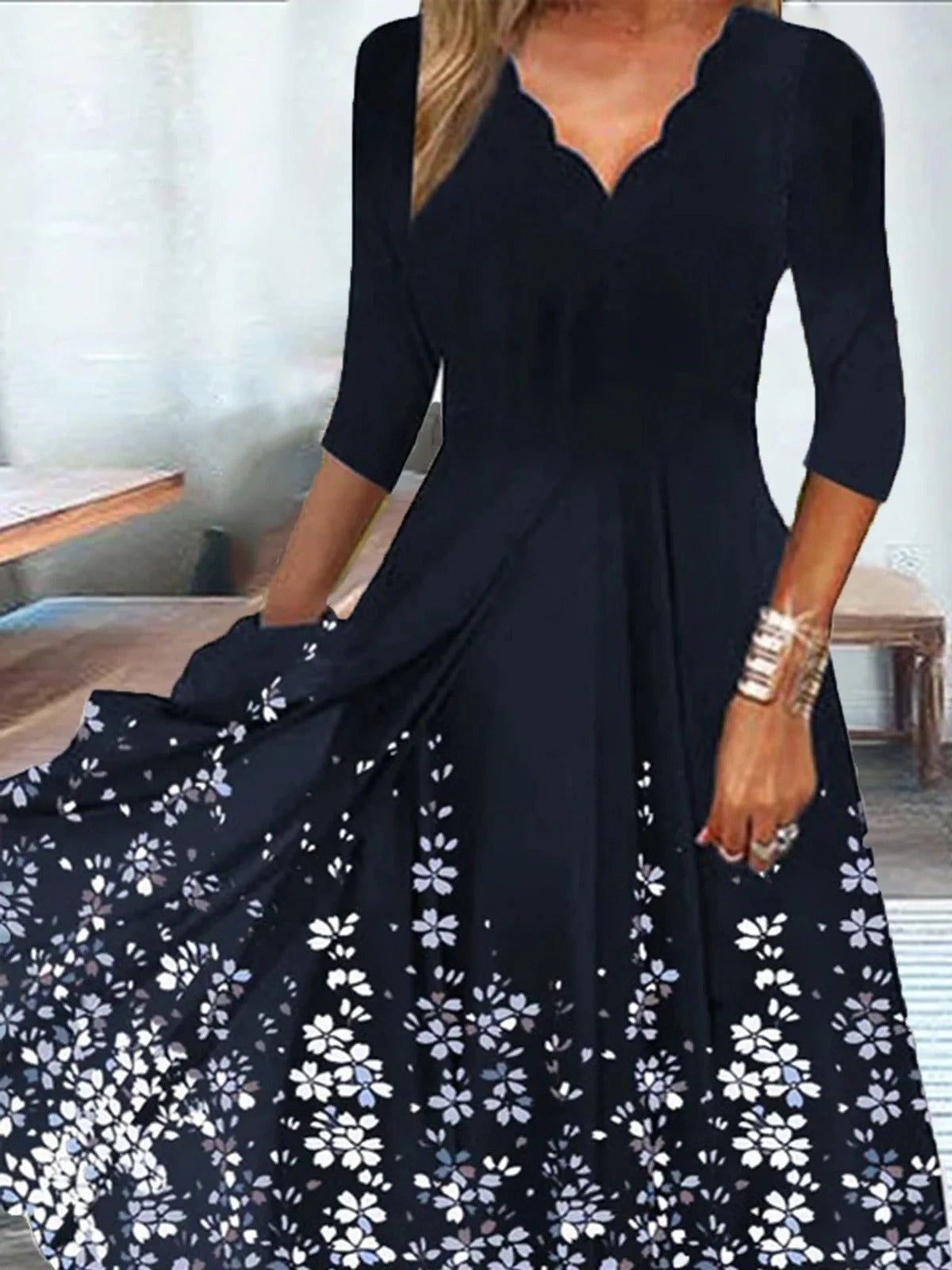Casual Elegant Floral V Neck Daily Loose 3/4 Sleeves Lightweight Maxi Dress