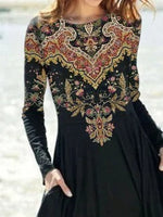 Ethnic Crew Neck Long Sleeve Regular Fit X-line Casual Maxi Holiday Dress