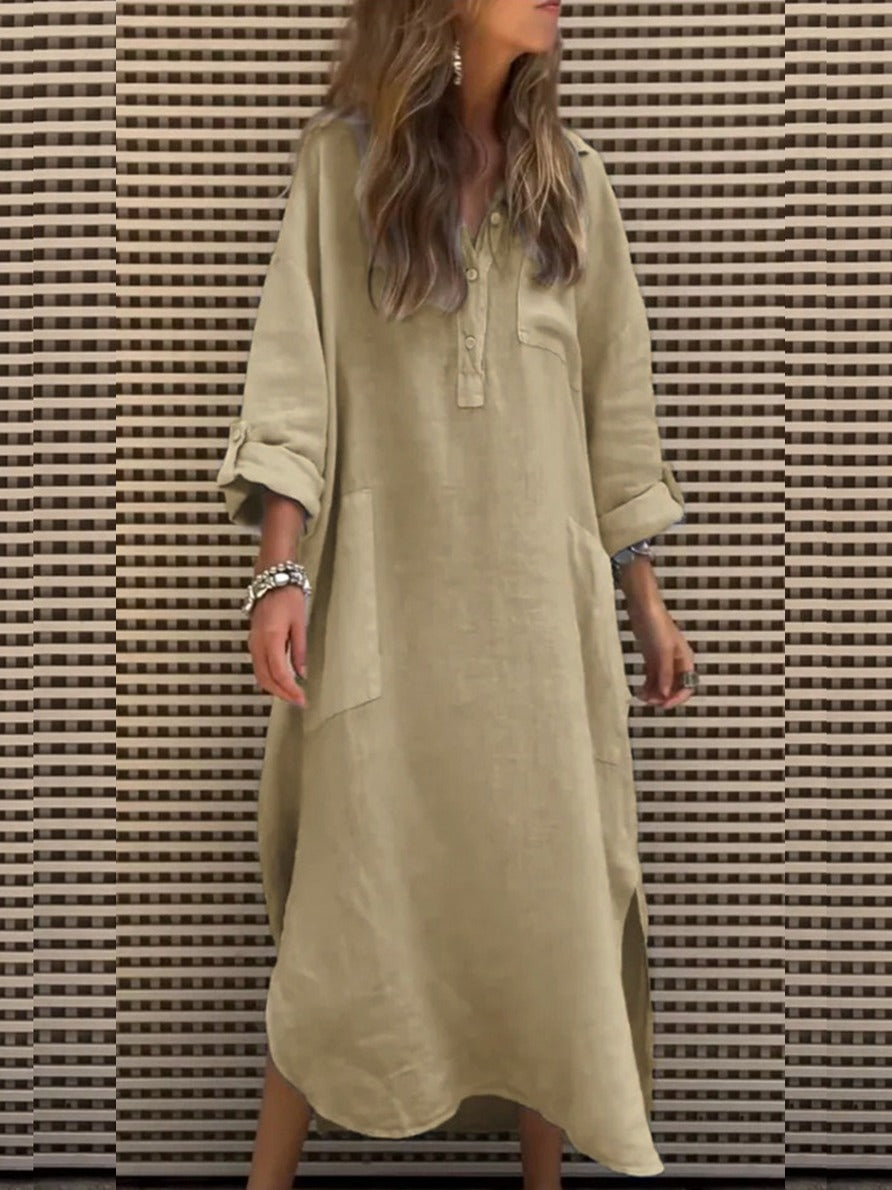 Long Sleeve Spring Fall Plain Buckle Shirt Collar Midi H-Line Dress