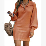 Plain V Neck Long Sleeve Comfy Casual Midi Dress