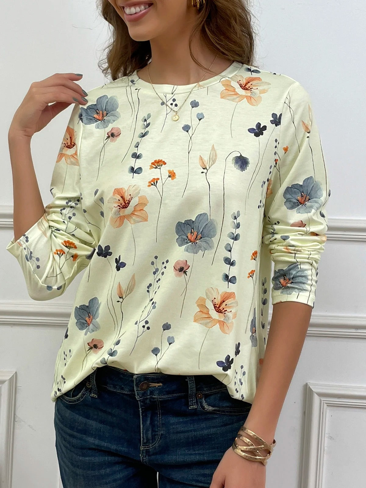 Casual Floral Print Crew Neck Long Sleeve Daily Loose Blouse