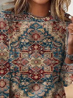 Casual Ethnic Crew Neck Long Sleeve Loose Blouse