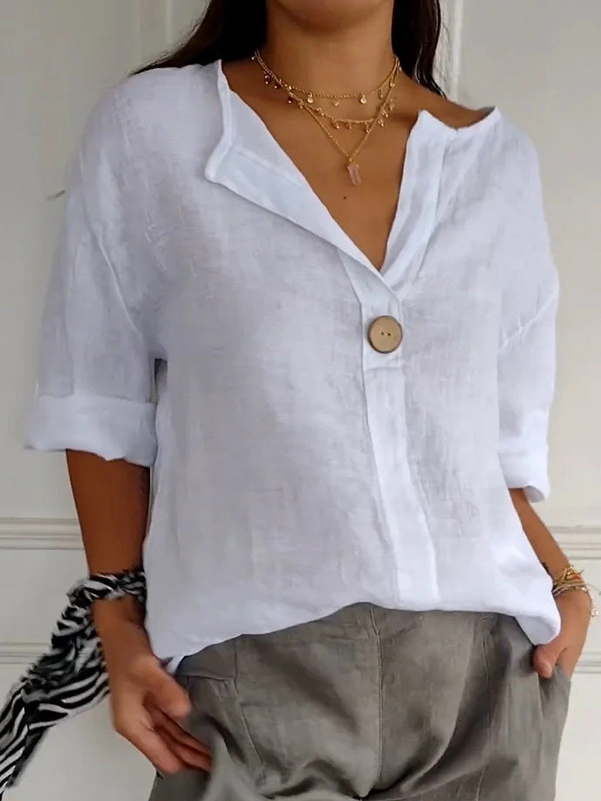 Plain Cotton V-neck 3/4 Sleeves Buttoned Blouse