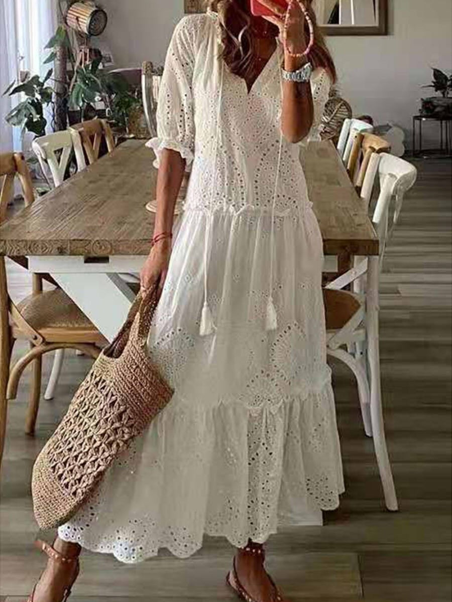 Plain Casual V-neck Half Sleeve Tassel Maxi Dress
