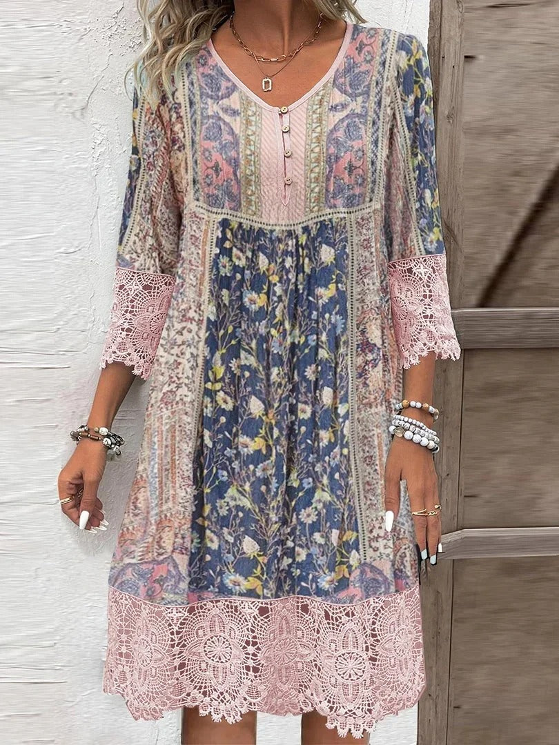Loose Casual V Neck Ethnic Mini Dress