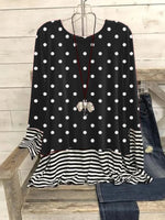 Stripe & Polka Dots Long Sleeve Paneled Round Neck Tunic T-Shirt