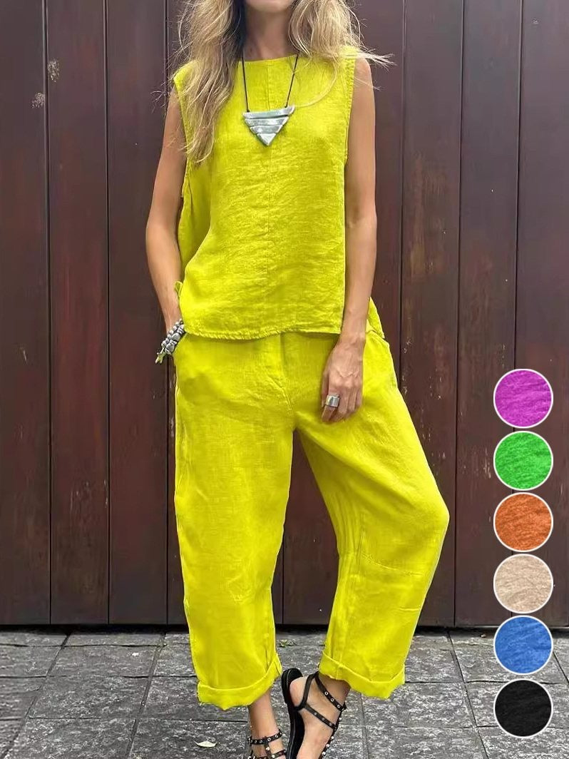 Loose Cotton And Linen Pocket Solid Color Casual Two-Piece Set