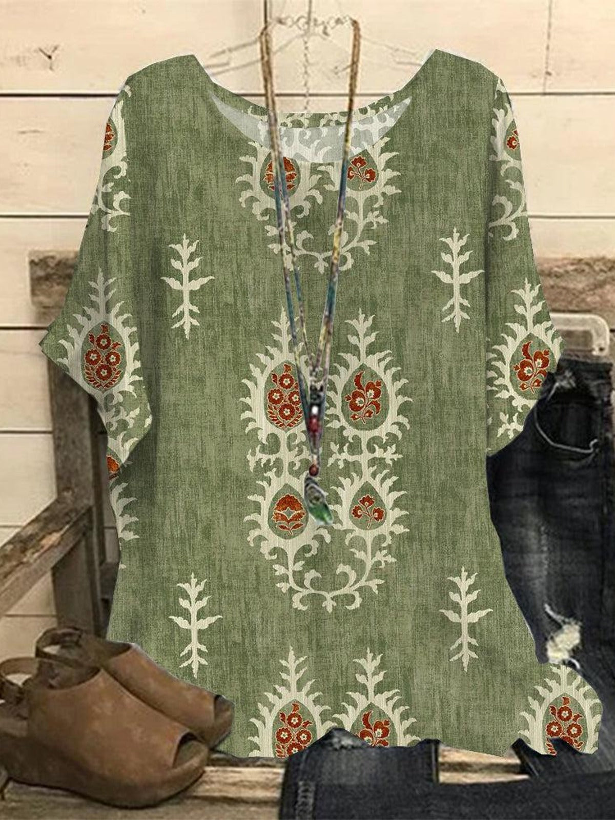 Women's Crew Neck Short Sleeve Ethnic Regular Loose Shirt