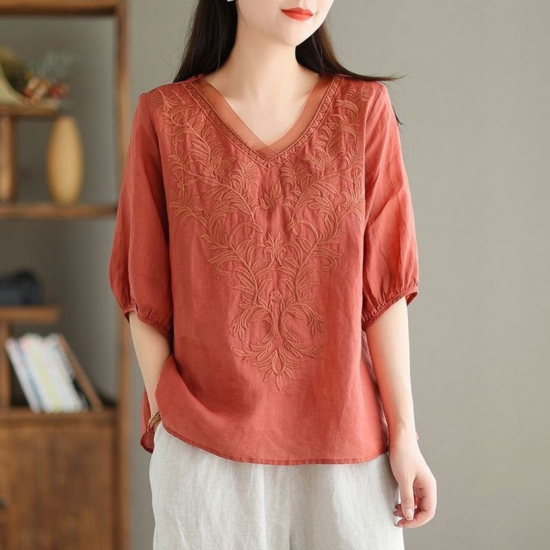 Floral Embroidery V-neck Loose Casual Shirt