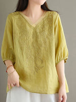 Floral Embroidery V-neck Loose Casual Shirt