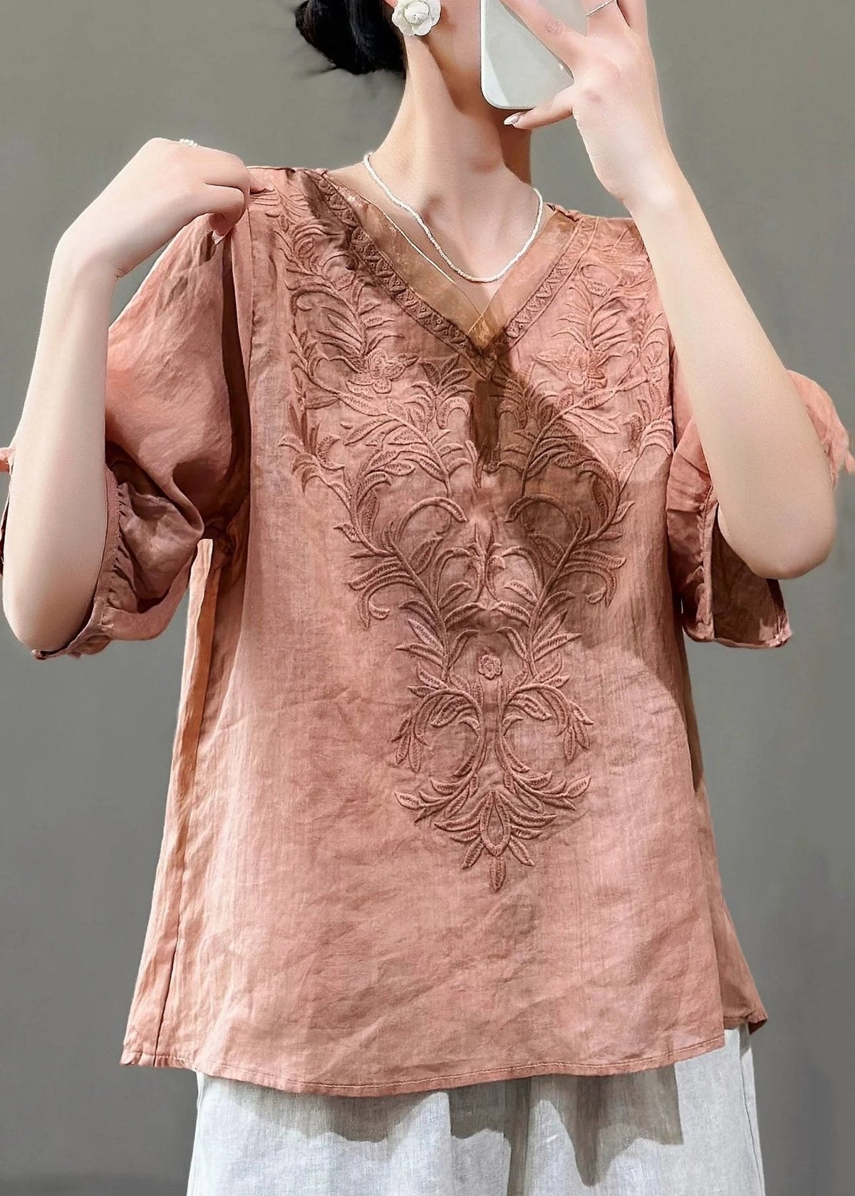 Floral Embroidery V-neck Loose Casual Shirt