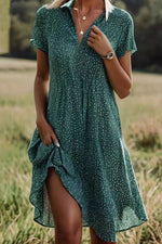 Fashion Casual Polka Dot Shirt Collar Short Sleeve Midi Dress