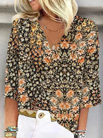 Casual Floral Loose Fit V Neck Blouse