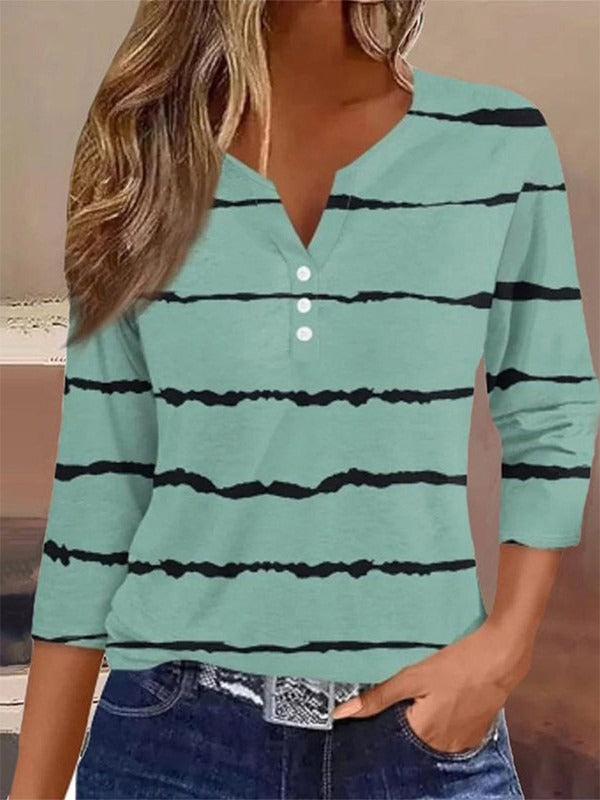 Green Vintage Striped Pattern V Neck Classic Blouse