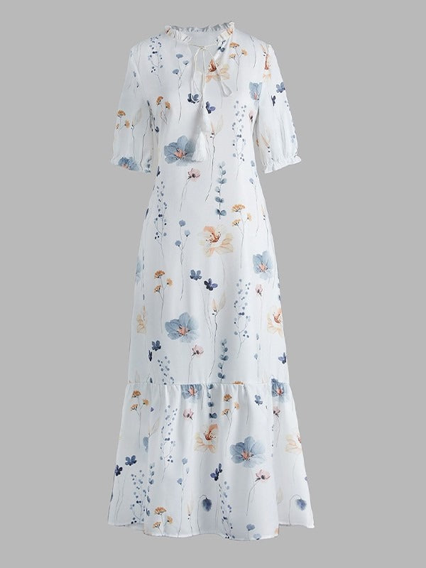 Floral V-neck Half Sleeve Loose Fit Maxi Dress