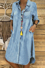 Denim Shirt Collar Long Sleeve Button Midi Dress
