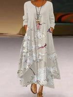 Casual Floral Crew Neck Long Sleeve Layered Hem Maxi Dress