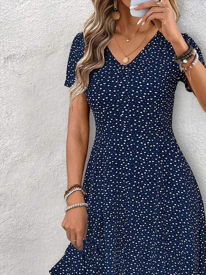 Polka Dot V-neck Short Sleeve Elegant Midi Dress