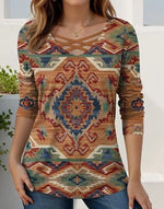 Vintage Ethnic Print V Neck Long Sleeve Comfy T-shirt