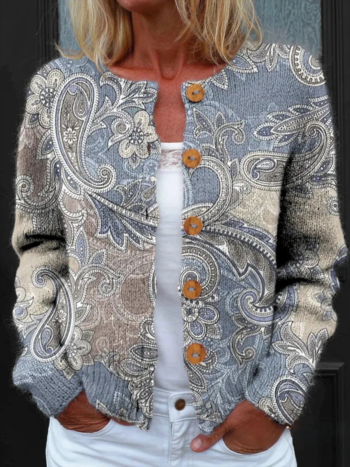 Ethnic Paisley Art Print Buttoned Long Sleeve Cardigan