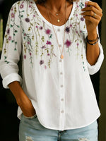 Vintage Florl V-Neck Cotton Linen Shirt Blouse