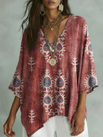 Women's Retro Floral Pattern Art Print Casual Cotton Shirt