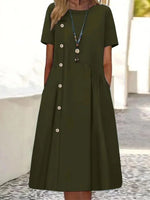 Casual Plain Loose Crew Neck Short Sleeve Button Linen Dress