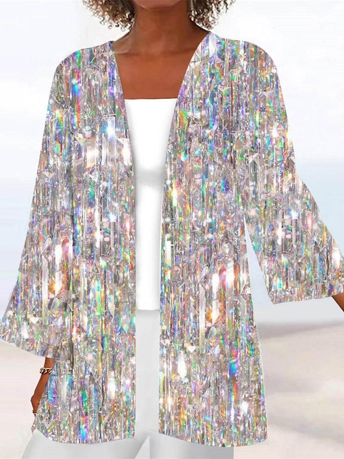 Long Sleeve Sequins Print Regular Micro-Elasticity Loose Kimono