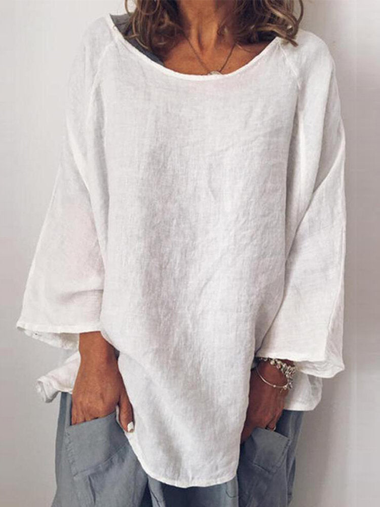 Women's Plain Crew Neck Cotton Casual Long Sleeve Blouse