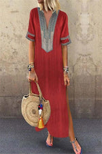 Patchwork Print V-neck Short Sleeves Maxi Dress
