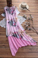 Floral Print Round Neck Short Sleeves Maxi Dress