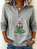 Grey Christmas Tree Print Stand Collar Long Sleeve Casual Sweatshirt