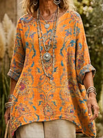 Vintage Long Sleeve Floral Print Pocketed Hem Top