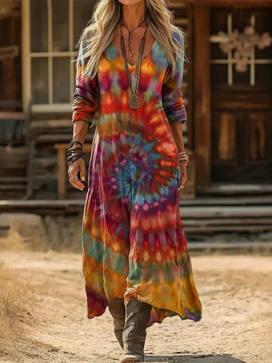 Vintage Colourful Abstract Print V-neck Long Sleeve Casual Maxi Dress