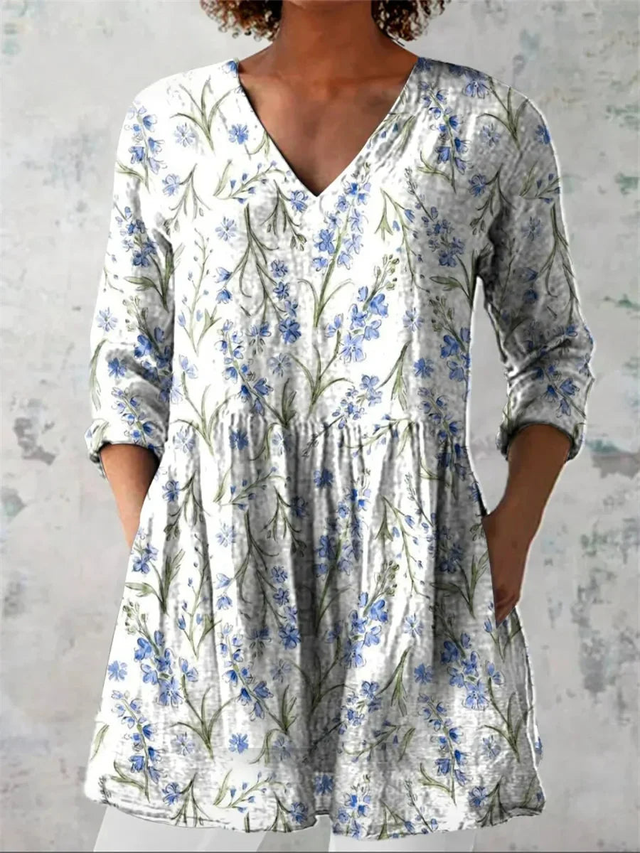 Women's Floral Print Casual V-Neck 3/4 Sleeve Shirt