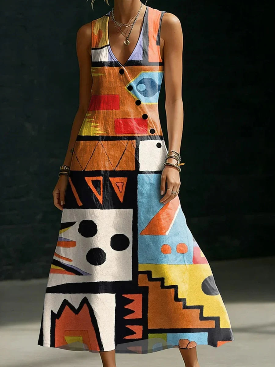 Floral Print V-neck Sleeveless Button-up Maxi Dress