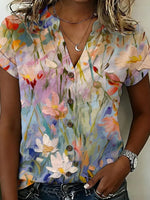 Watercolor Floral Print V-neck Short Sleeve Top