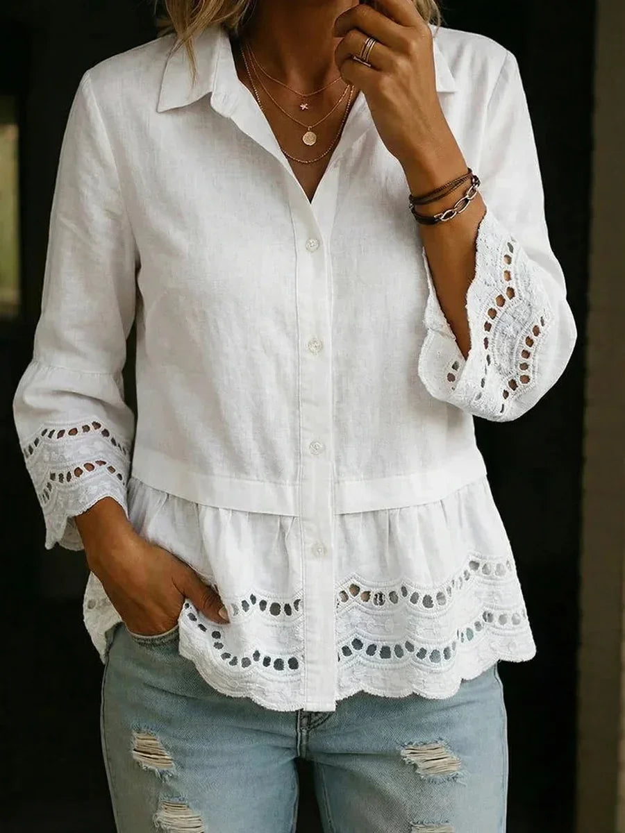 Casual Patchwork Lace 3/4 Sleeve Shirt