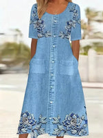 Vintage Floral Print Round Neck Short Sleeve Dress