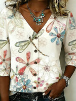Chic Dragonfly Print V-neck 3/4 Sleeve Blouse