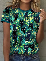 Vintage Floral Print Round Neck Short Sleeve T-Shirt